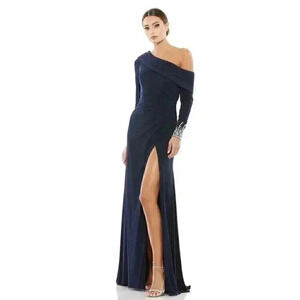Mac Duggal Gown 8 Beaded Cuff Drop Shoulder Beaded Faux Wrap Slit Wedding Navy M